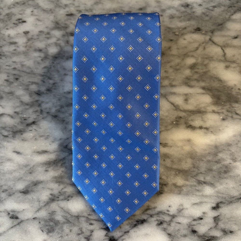 Michael Kors Mens Blue Silk Necktie Geometric Diamond Pattern Woven Classic Tie‎